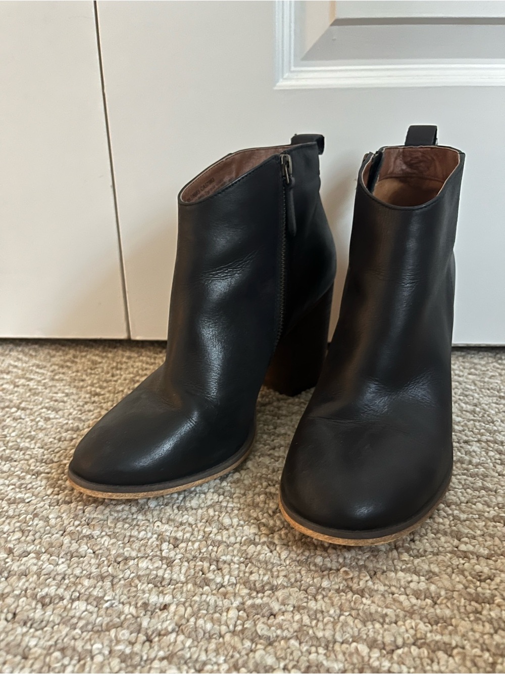 Classic Black Leather Ankle Booties with Block Heel, size 8